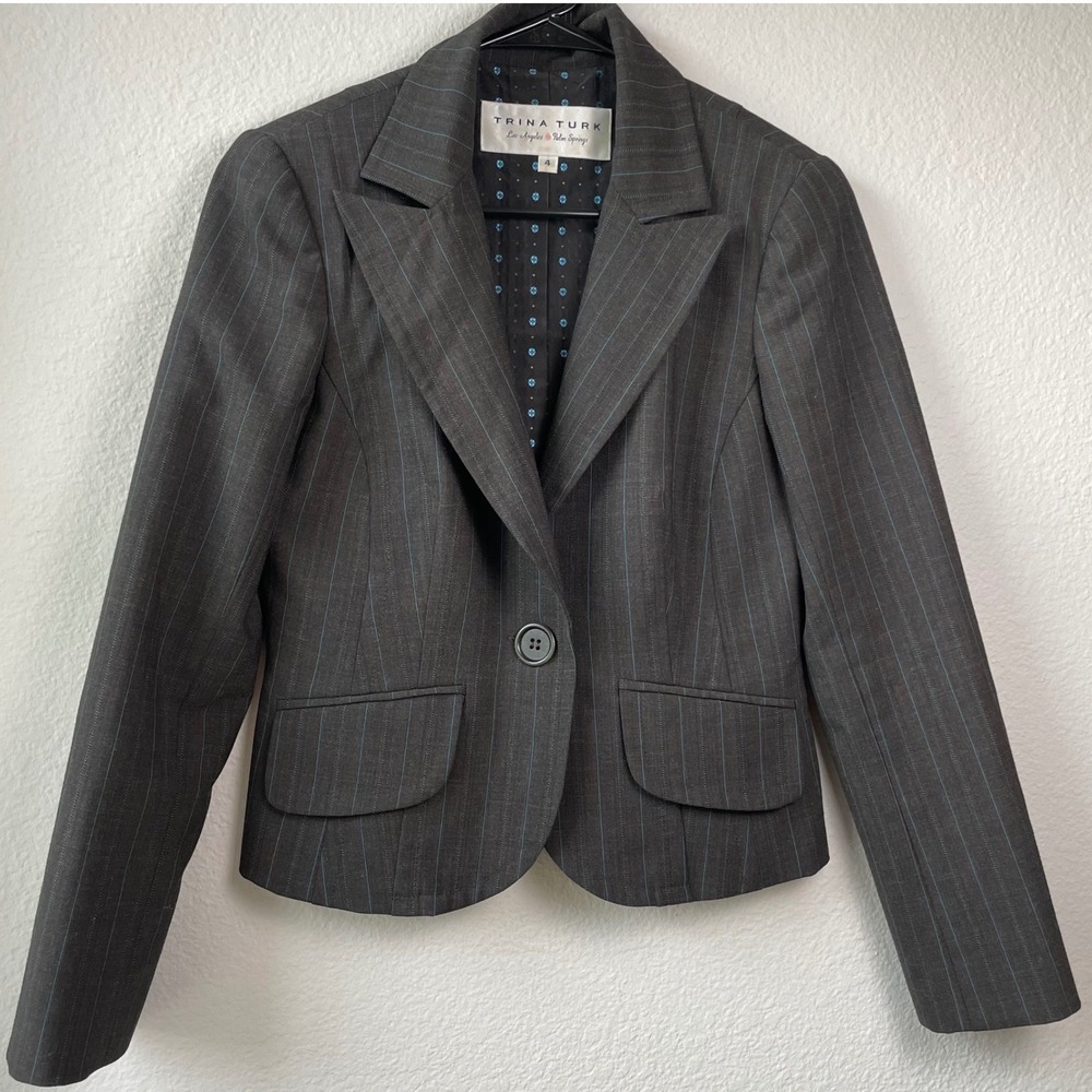 Trina Turk Y2K Gray Turquoise Pinstripe Blazer Corporate Office Siren Size 4